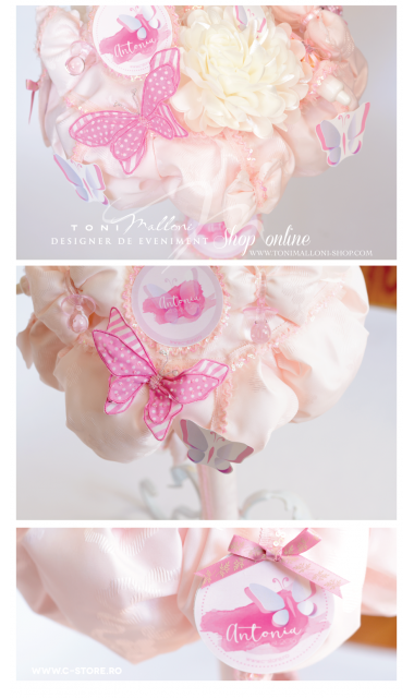 Lumanare de botez pentru fetite cu fluturi si dantele roz, 65x4cm,  Pink Butterfly  3